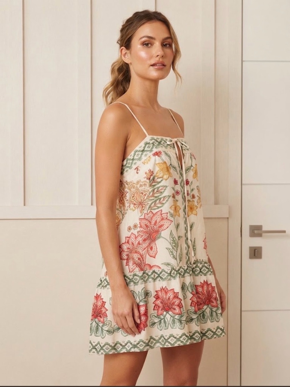 Botanical Tie-Front Spaghetti Strap Mini Dress - Cream with Green & Red Floral